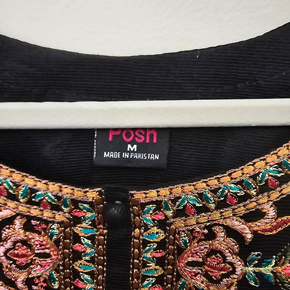 Posh Pakistani Kurta Set Embroidered Kaftan Dupatta Size M Black Floral Eid - Picture 5 of 9